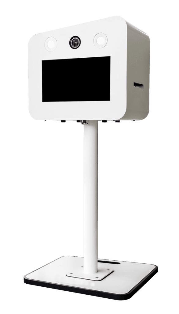 Vue détaillée du photobooth 4K avec écran tactile et imprimante professionnelle